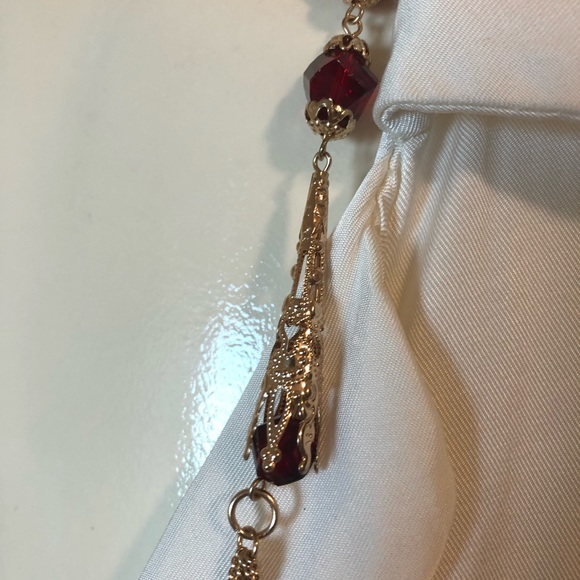 Multi tier layered long necklace chain, red beads, gold dress jewellery, - Picture 4 of 5